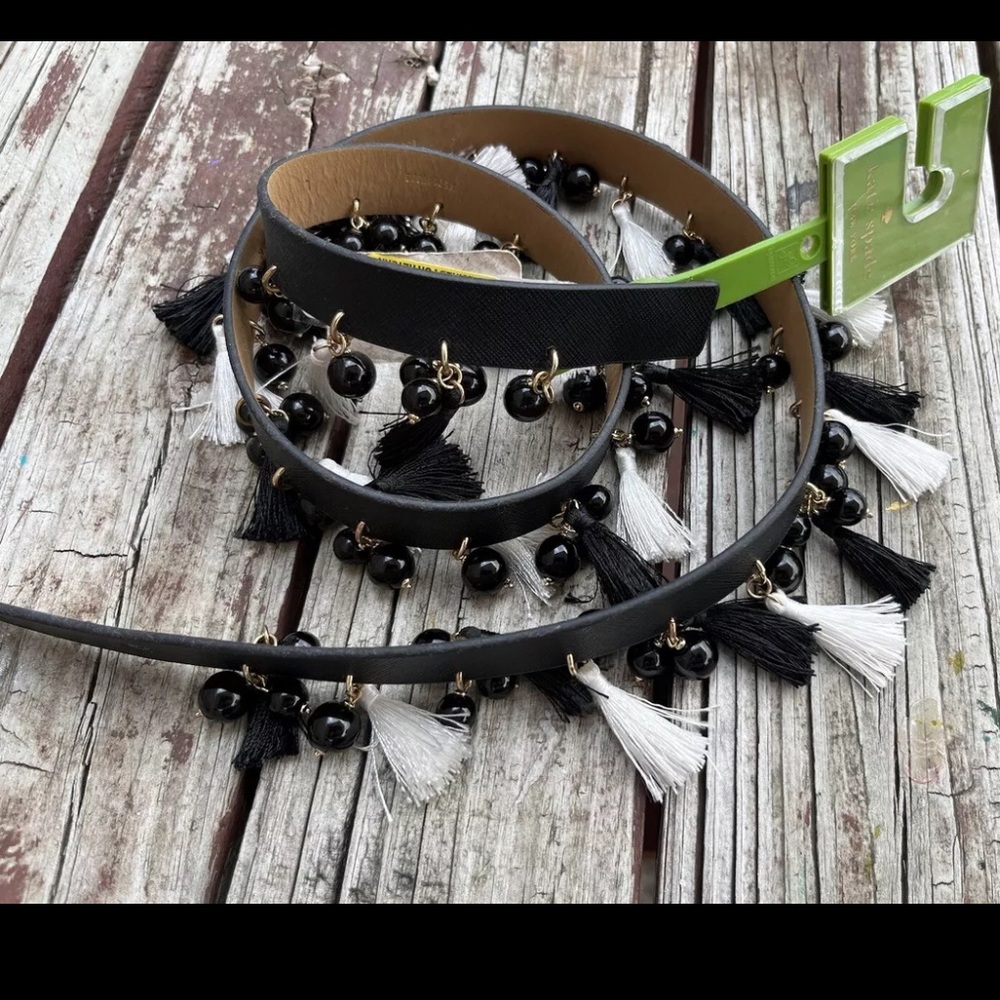 Kate Spade Black White Tassel Beaded Leather Belt NWT In The Loop 33-35” Large